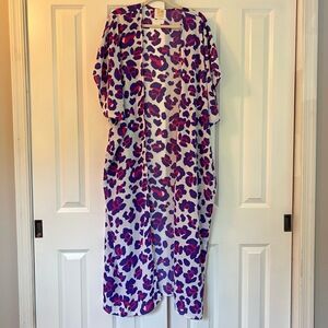 Peace Love Cake Leopard Print Purple‎ Magenta Open Front Kimono Coverup Size M